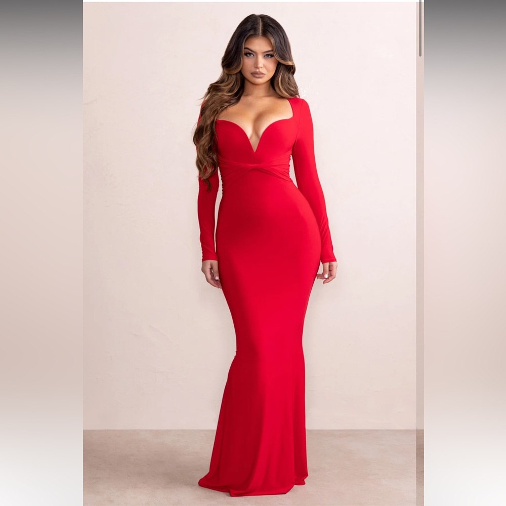 LIKE NEW (worn once for photoshoot) Red plunge mermaid gown